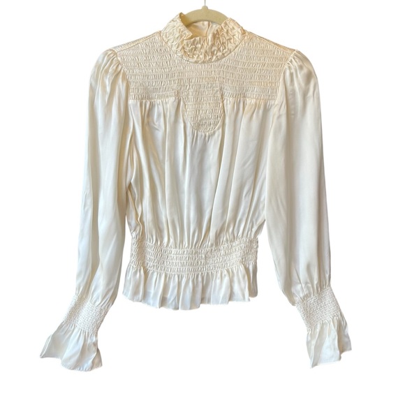 Frame 100% Silk blouse Small Ivory High neck Long sleeves Smocked Womens top - Picture 1 of 8